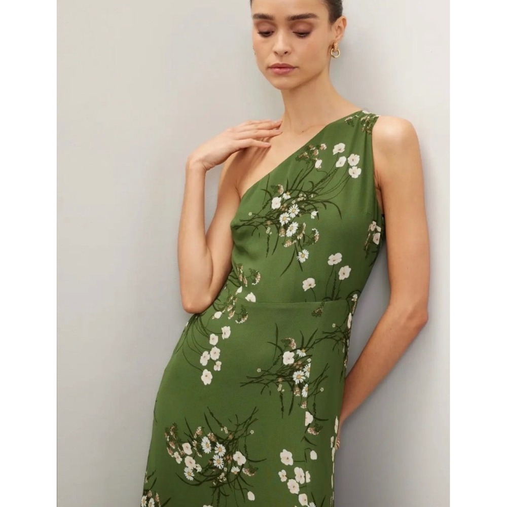 Reformation Evelyn One Shoulder Maxi Dress 10 Green Floral Print Front Slit $349 - Picture 3 of 8